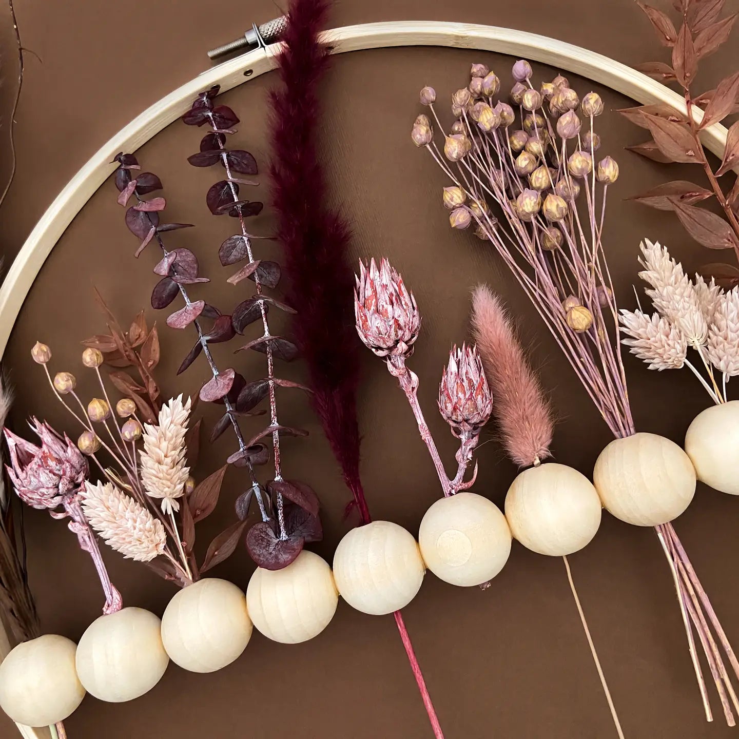 Purples Dried Flowers Wood Bead Wreath
