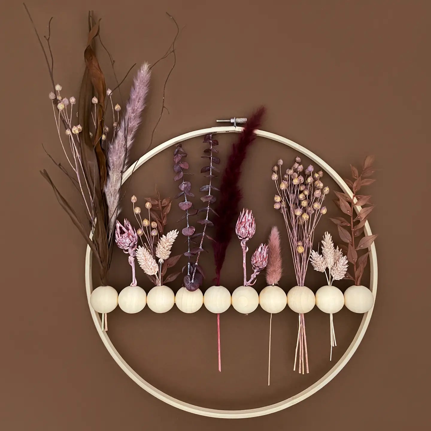 Purples Dried Flowers Wood Bead Wreath